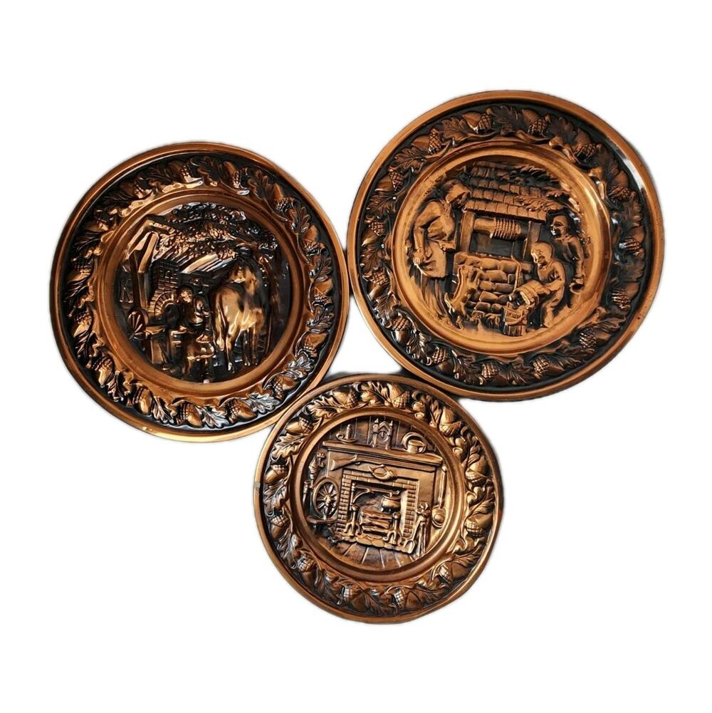 Set of 3 Vintage Mid Century Coppercraft Guild Copper Wall Decor Plate 13" & 10"